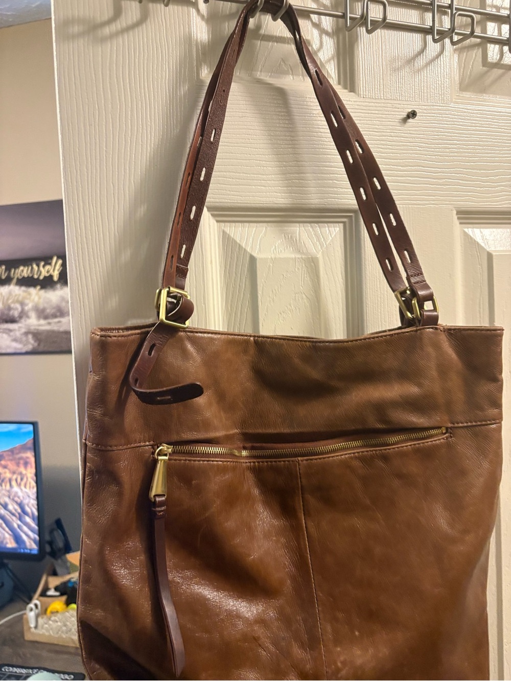 HOBO Cognac Brown Leather Tote with Perforated Straps - Picture 6 of 15